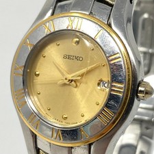 Seiko Watch Women 27mm Silver Gold Two Tone 7N82-0FN0 Date New Battery 6.75"