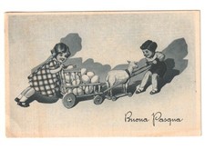 1938 bambini carretto agnello giocattolo uova cartolina d'epoca Buona Pasqua