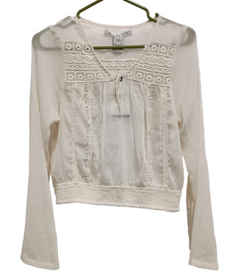 American Rag Cie Womens Fairy BOHO Crop Top Medium Beige Sheer Crochet NWT