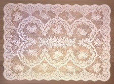 Vintage QUAKER LACE Tablecloth Angels 59 X 82 Pink Scalloped Edge Floral