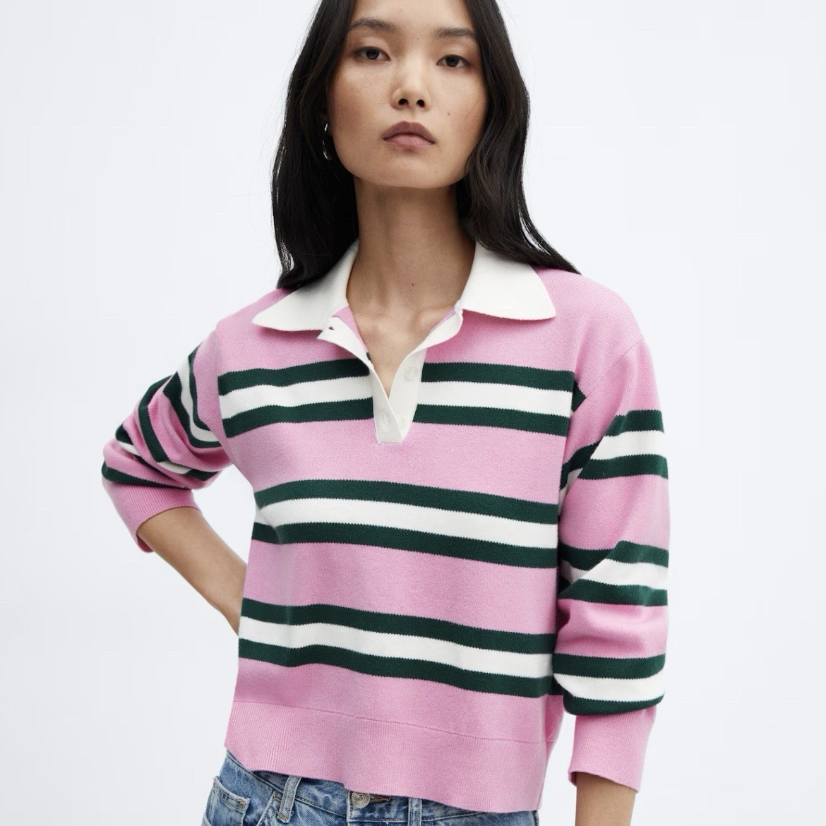 Mango Women’s Medium Striped Polo Neck Sweater Pink Green White Knit Top