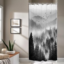 Black White Shower Curtain 36x72 Inch Mountain Rustic Pine Tree Camper RV Stall
