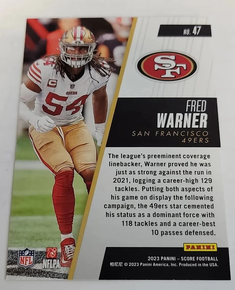 2023 Score Football #47 Fred Warner Top 100 #47 Case Hit SSP - Image 2 of 2