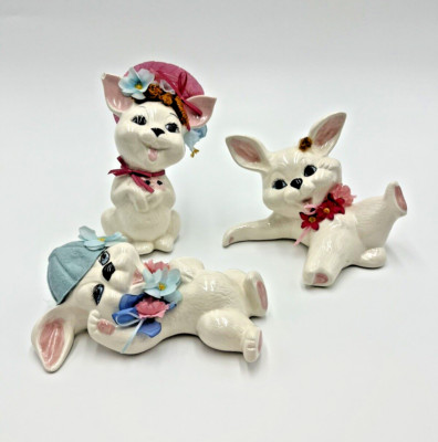 Odd Unique MCM Ceramic Easter Bunnies Spring Figurine Vtg Lot of 3 Hand Painted