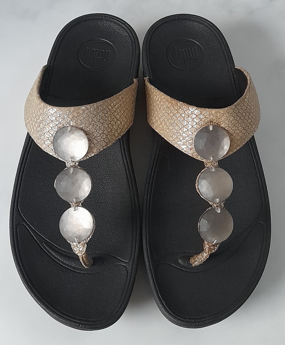 FITFLOP PETRA SIZE GOLD SNAKESKIN LOOK LEATHER JEWEL FLIP
