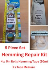 Hemming Tape Set 4 x 5m and Tape Measure Iron On Fabric Washable Dry Clean 20m