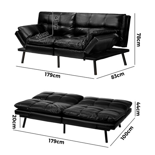 Oikiture Sofa Bed Futon Recliner Lounge Couch Convertible Leather 3-Seater Black - Picture 10 of 10