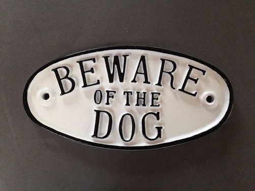 beware of the dog warning sign in white & black for house, fence