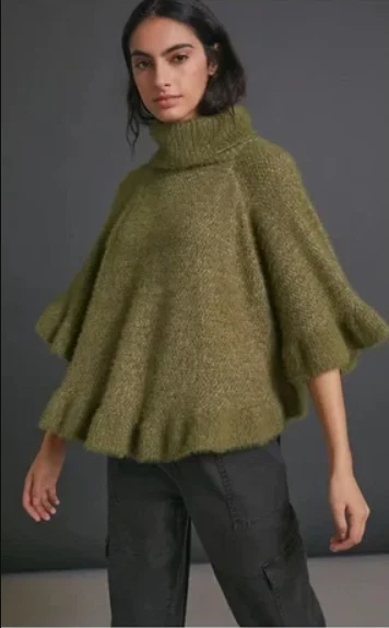 Anthropologie Falling Snow Ruffled Turtleneck Poncho Sweater One Size Moss Green