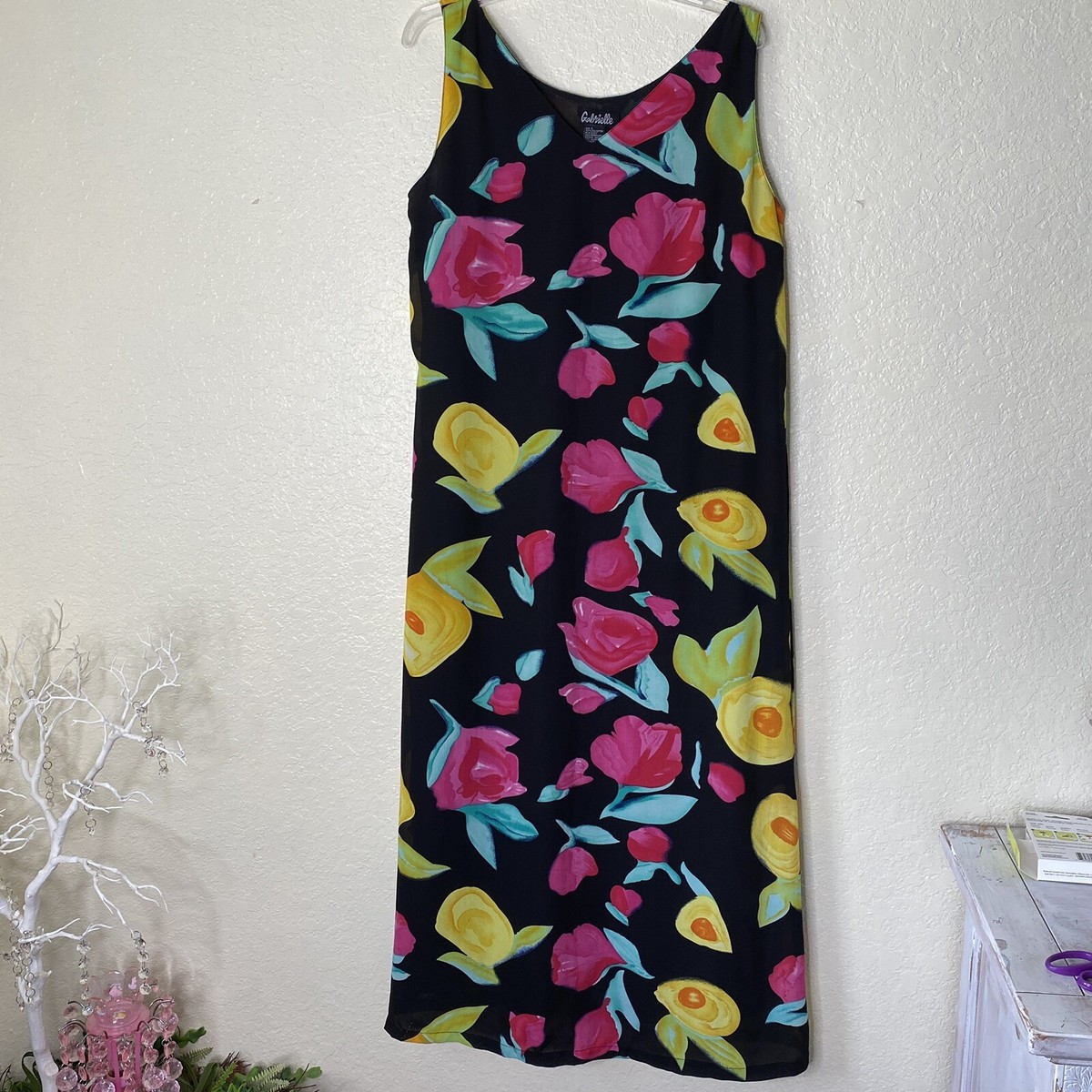 トップス gabrielle Gabrielle Black Pink Yellow Floral Print Scoop neck Sleeveless