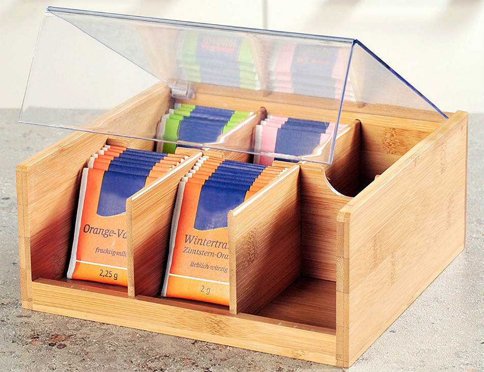 Organizer Tè in Legno Bamboo 6 Scomparti - Box Porta Bustine Elegante