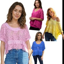 Ladies Womens Italian See Through LACE Crop TOP Batwing Style Baggy Frill Jumper