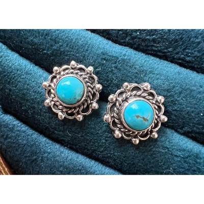 Vintage Navajo Sterling Turquoise Earrings Signed RB Running Bear 925 Studs boho
