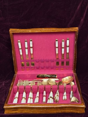 Vtg MCM Thai Bronze & Mother-of-Pearl Flatware Set in International Silver Case