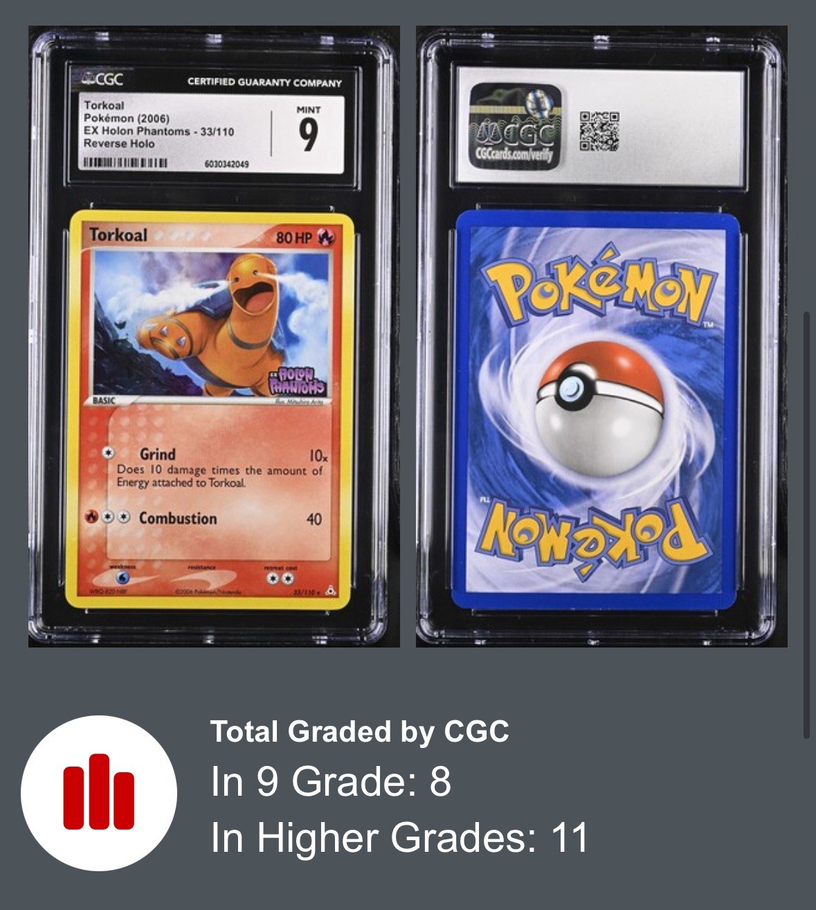 Pokemon EX Holon Phantoms 33/110 Torkoal Reverse Holo Stamped 2006 CGC 9 MINT