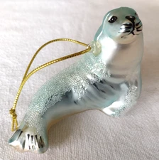 Christmas Ornament BLUE SEAL PUP Glass Dew Bead Detail 3.75"