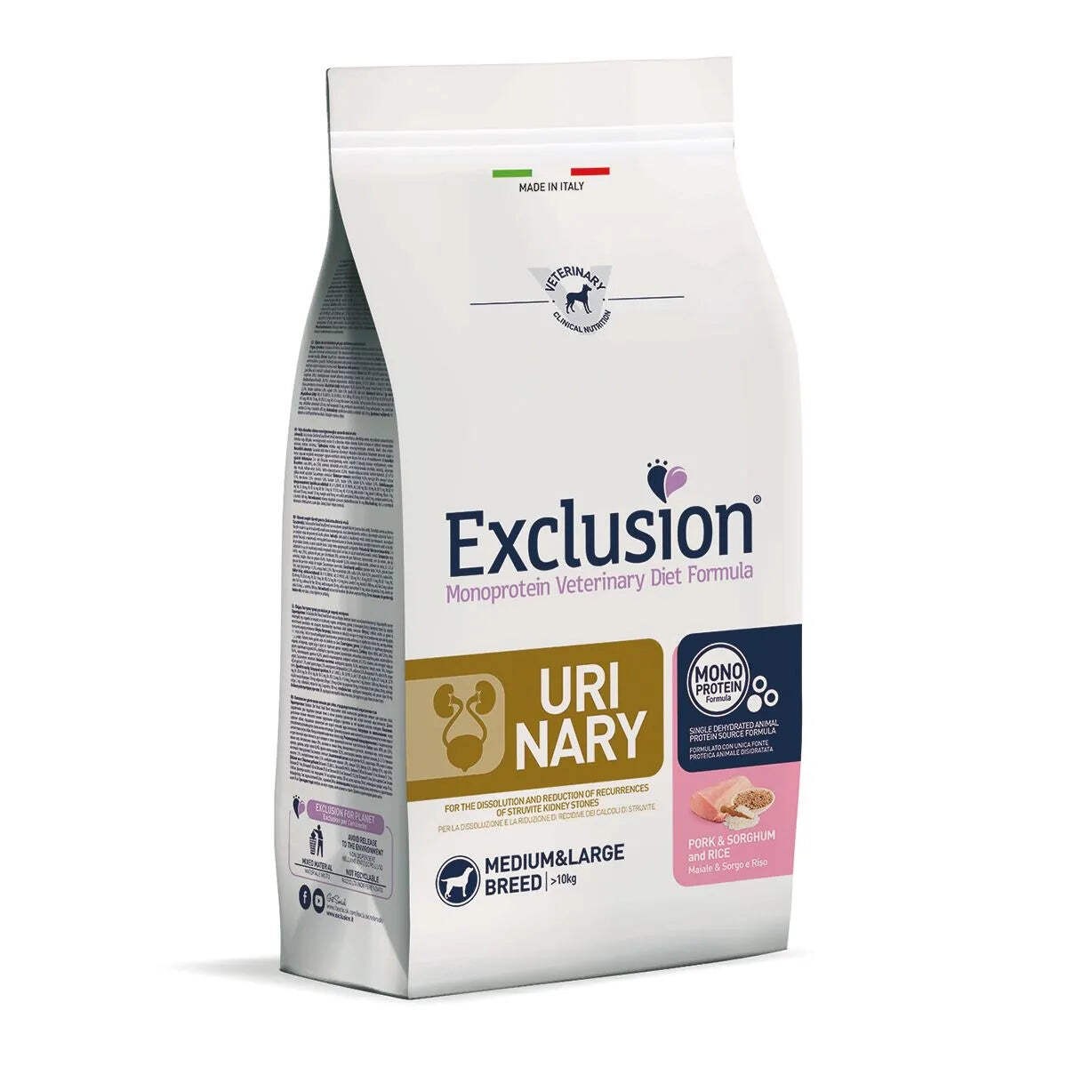 EXCLUSION URINARY ADULTO MEDIUM LARGE CON MAIALE SORGO E RISO 12 KG.