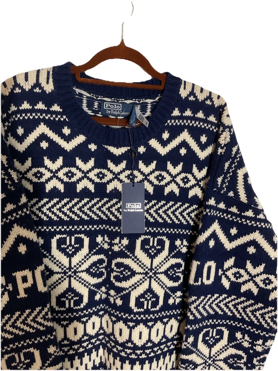Polo Ralph Lauren Navy White Snowflake Wool Sweater Men's SZ XL