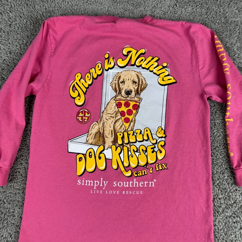 Camisa Simply Southern Niñas Pequeña Rosa Pizza y Perro Besos Golden Retriever Niños Foto 3 de 4