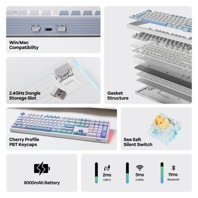 EPOMAKER TH108 Full Size Mechanical Keyboard, Sea Salt Silent