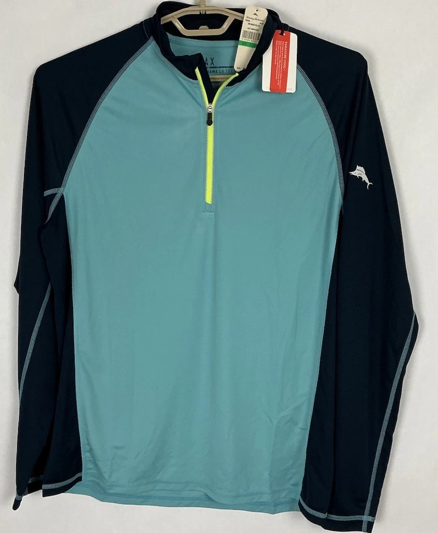 Tommy Bahama Sun Shirt Mens Sz L 1/4 Zip Active Top Blue Long Sleeve 46x29” New
