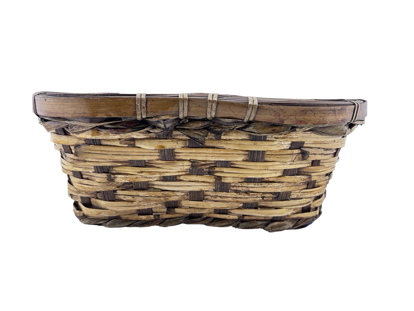 Round handwoven wood storage basket with handle, natural brown tone