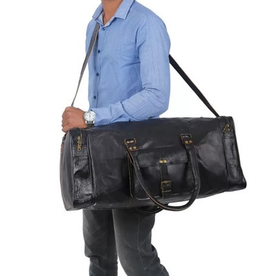 Handgefertigte schwarze Herren-Reisetasche aus echtem Ziegenleder Reise Fitne...