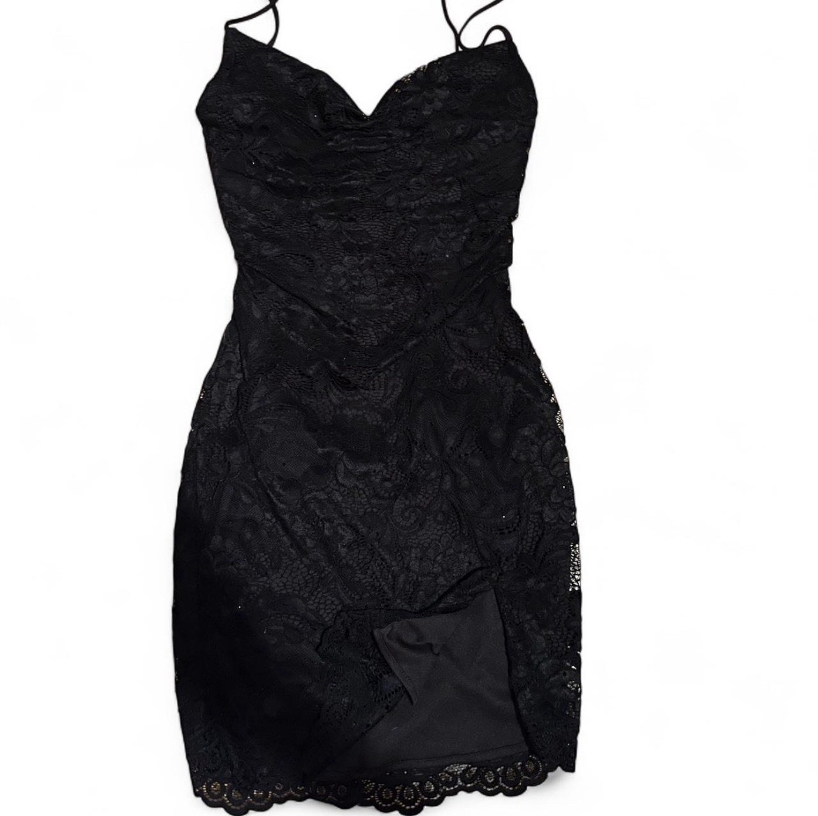La Femme black lace mini dress/ Size 2/ Open back/ built in padded cups
