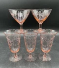 Vintage Lot Of 5 Pink Depression Wine Stem (3) And Goblet (2) Glasses w/Flowers