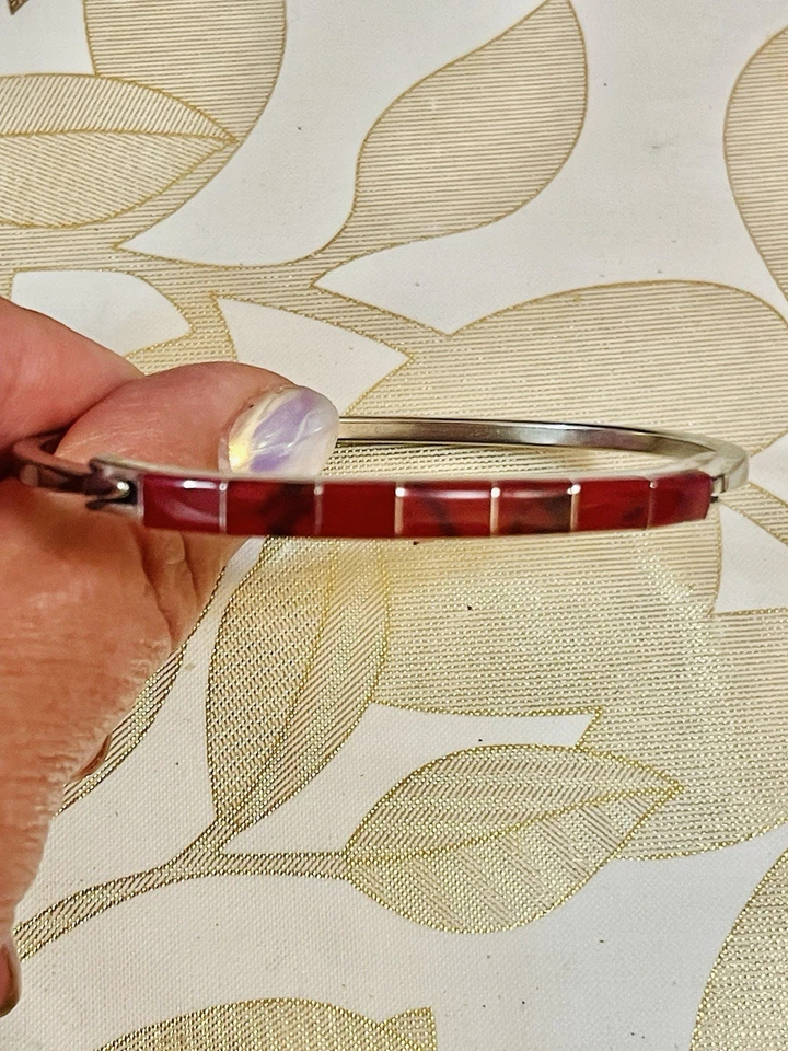 Vintage Southwest Sterling Silver Red Jasper Cuff Bangle Bracelet Coral Color - Image 2 of 4