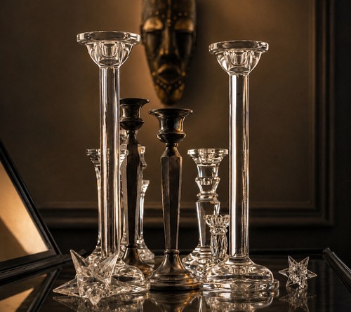 12 Piece Crystal & Silverplate Candlestick Collection Wedding Tablescape