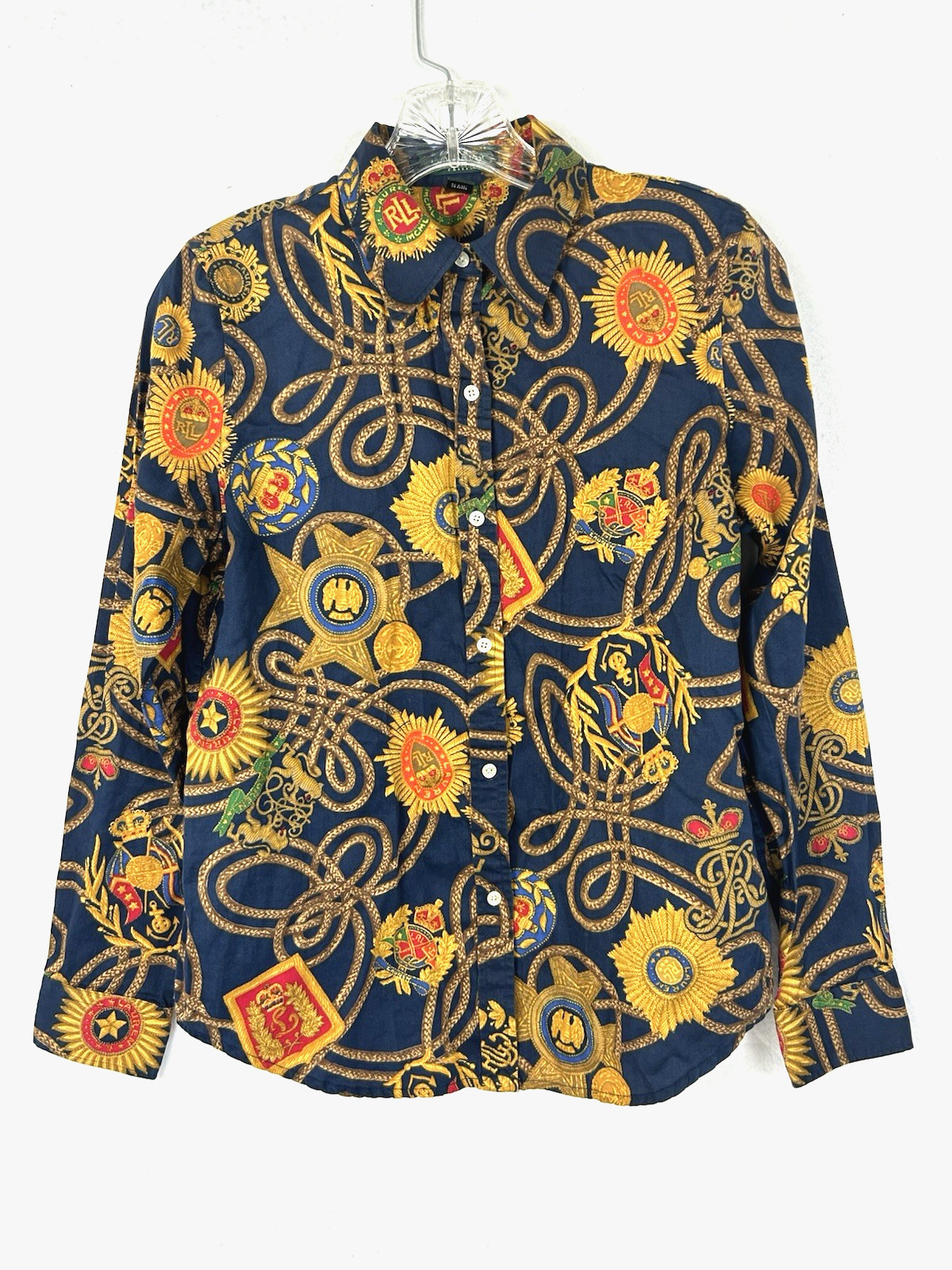 Lauren Ralph LRL Petite Medium Button Up Top Long Sleeve Blue Gold Crest Logos