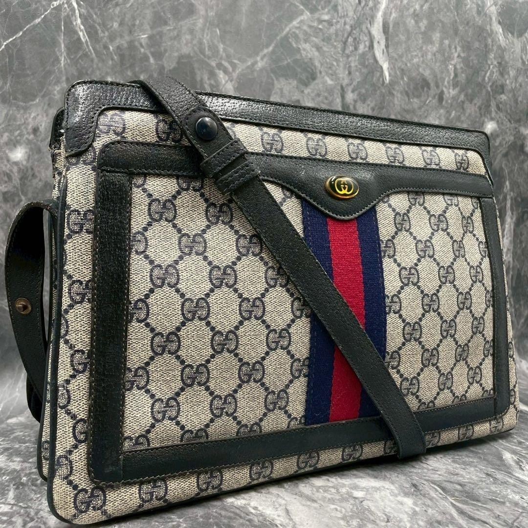 Borsa a tracolla Gucci 41.02.013 Sherry Line GG blu navy beige pelle oro...