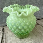 Vtg Fenton Green Uranium Opalescent Hobnail Ruffle Crimped Rose Bowl Vase 4.25”