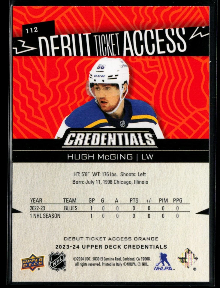 2023-24 Upper Deck Credentials Orange #112 Hugh McGing RC 184/249 - Image 2 of 2