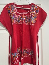 WOMEN FRIDA HANDMADE EMBROIDERED MEXICAN BLOUSE MEDIUM RED COLORFUL NEW