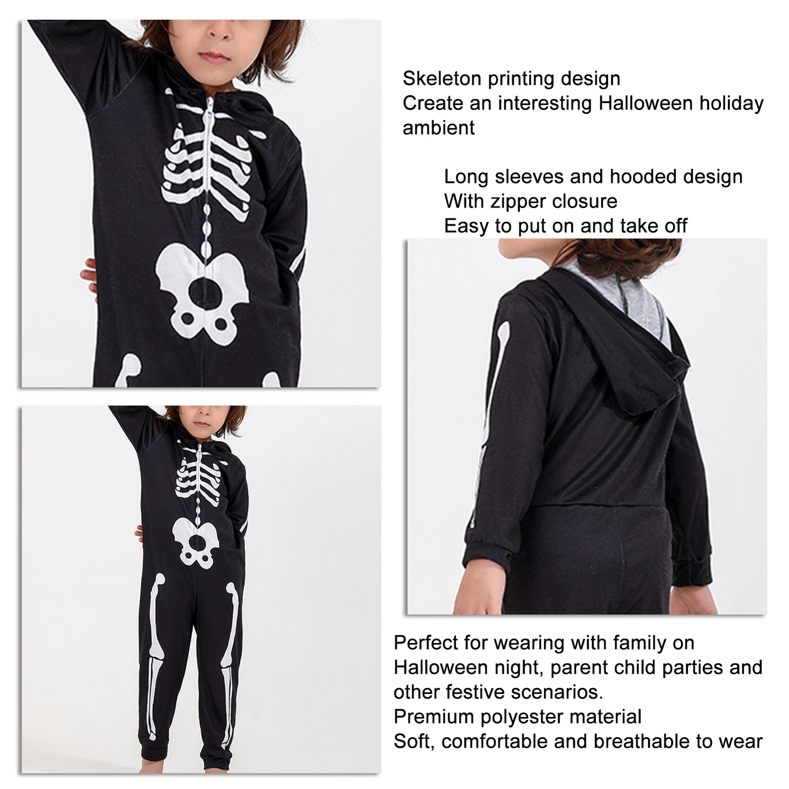 (Black KIDS 89Y)Halloween Family Jammies Skeleton Printing One Piece