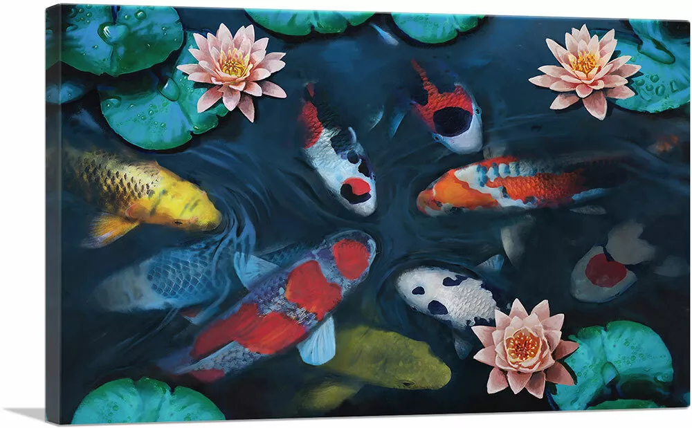 ARTCANVAS Gold Red Koi Carp Fish Pond Leaves Lotus Flower Canvas