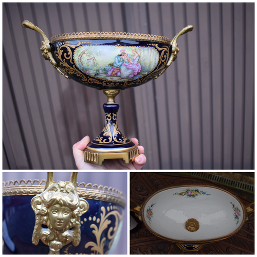 French sevres style porcelain centerpiece bowl bronze caryatid head floral - 第 1/9 張圖片