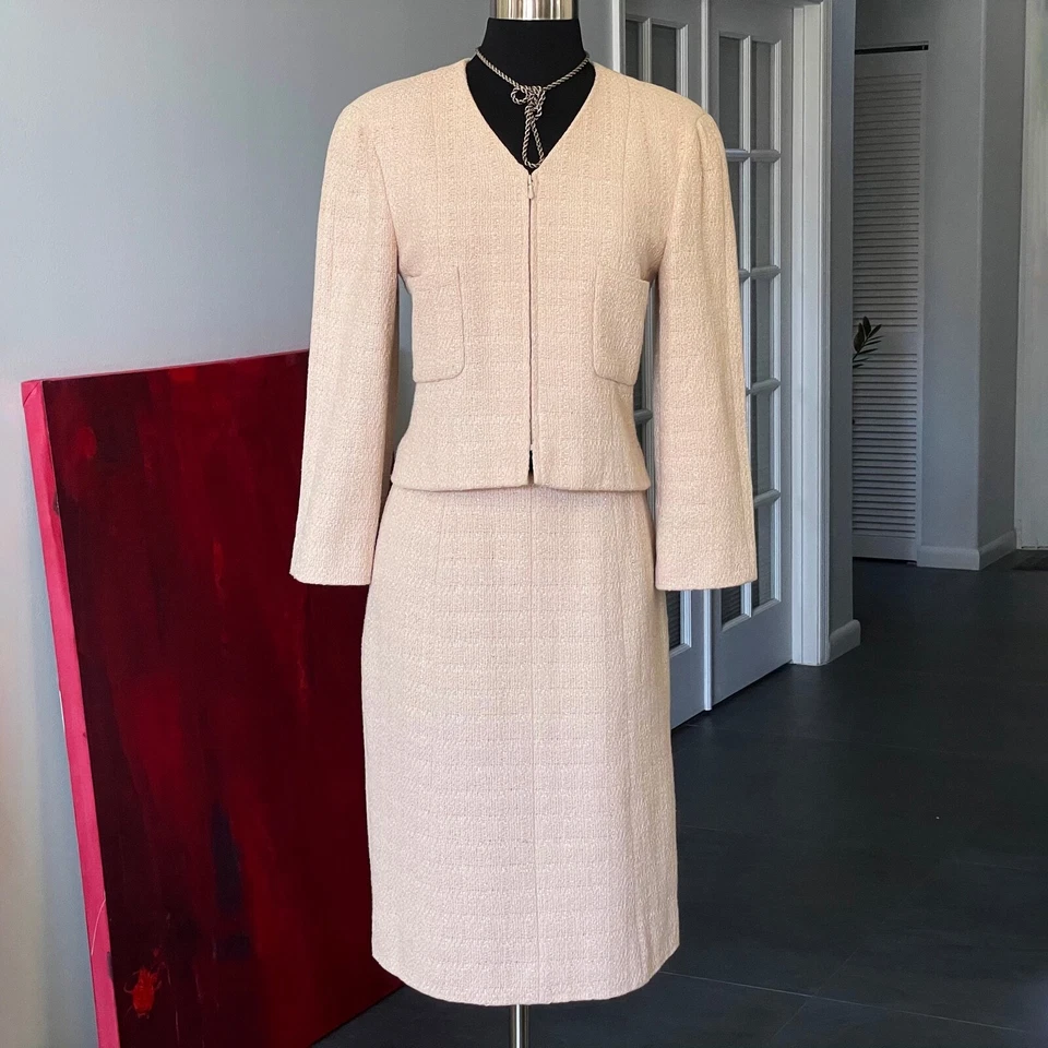 CHANEL Falda Traje Conjunto 36 Piel Color Boucle Tweed Cremallera Manga Larga Chaqueta Una Línea Foto 4 de 4