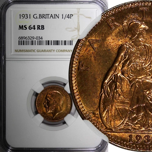 Great Britain George V Bronze 1931 Farthing NGC MS64 RB NICE RED KM# 825 (034)
