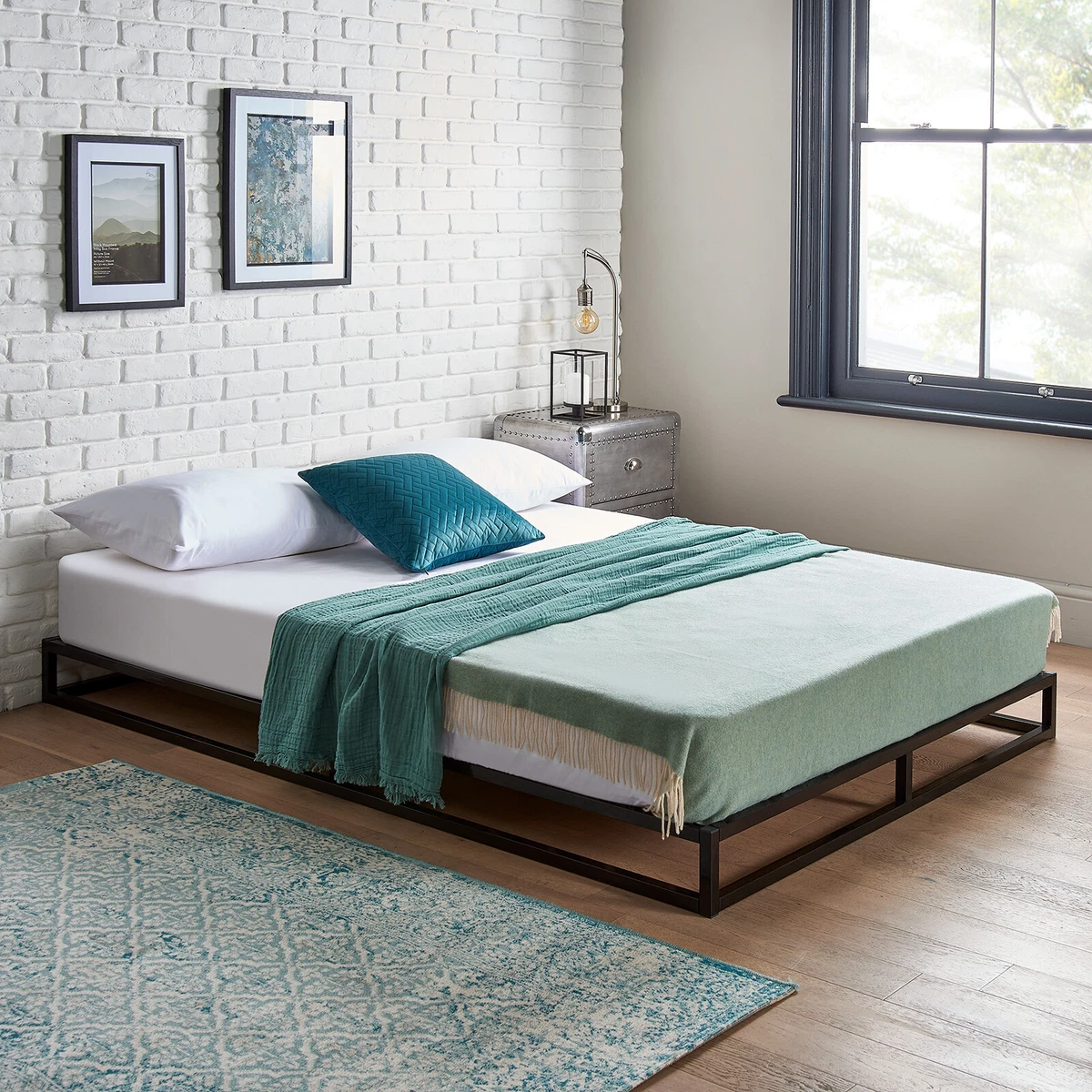 Black Platform Bed Frame Low Modern Metal Bed With Pocket Sprung