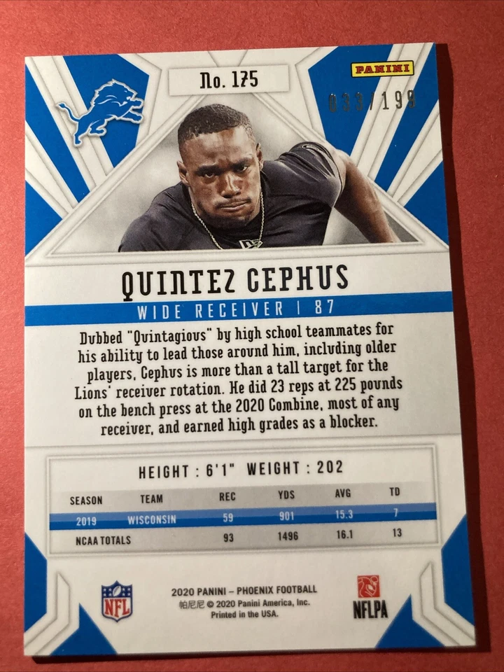 2020 Panini Phoenix Rookie Pink /199 - Quintez Cephus RC #175 - PLUS MORE - Image 4 of 4