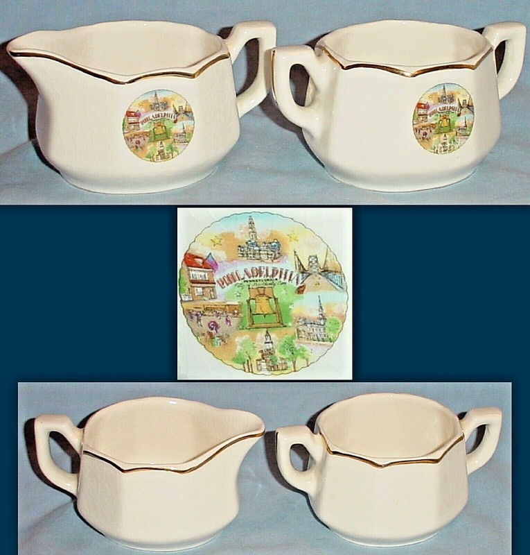 SOUVENIR PHILADELPHIA PENNSYLVANIA CREAMER & SUGAR BOWL PORCELAIN Vintage/2.5"
