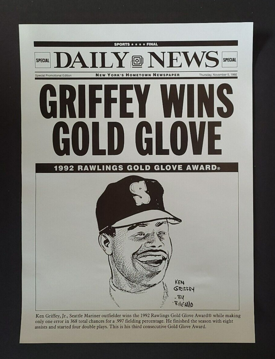Rare 1992 Rawlings Gold Glove Awards Baseball Poster Ken Griffey, HOF