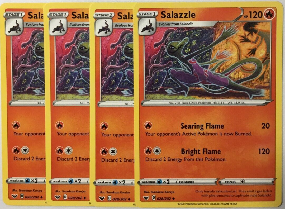 POKEMON 4X SALAZZLE 028/202 SWORD & SHIELD UNCOMMON NEAR MINT-PLAYSET