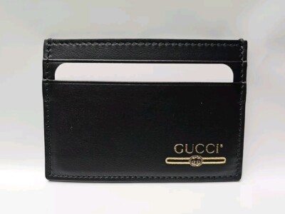 NEW Authentic Gucci Black Leather Gold Gucci Logo Card Holder