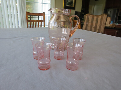 Vintage Pink Depression Glass Juice Lemonade Pitcher And Five Juice Glasses