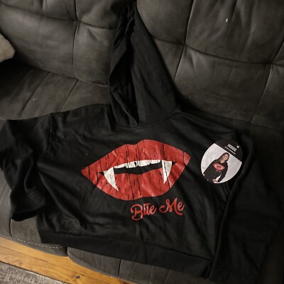 Bite Me Vampire Fangs w/red lips Goth/EMO Hoodie Halloween  Adult Crop Top