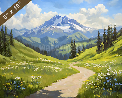 Mount Rainier with green valleys oil painting 8x10 Print